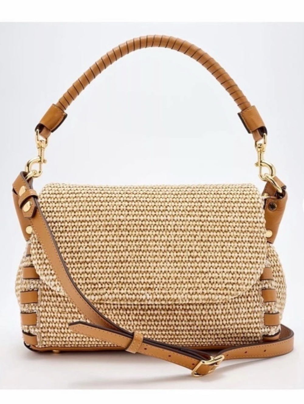 M AIMEE Natural Woven Tan Trim Top Handle Crossbody Bag Shoulder Bag in Brown